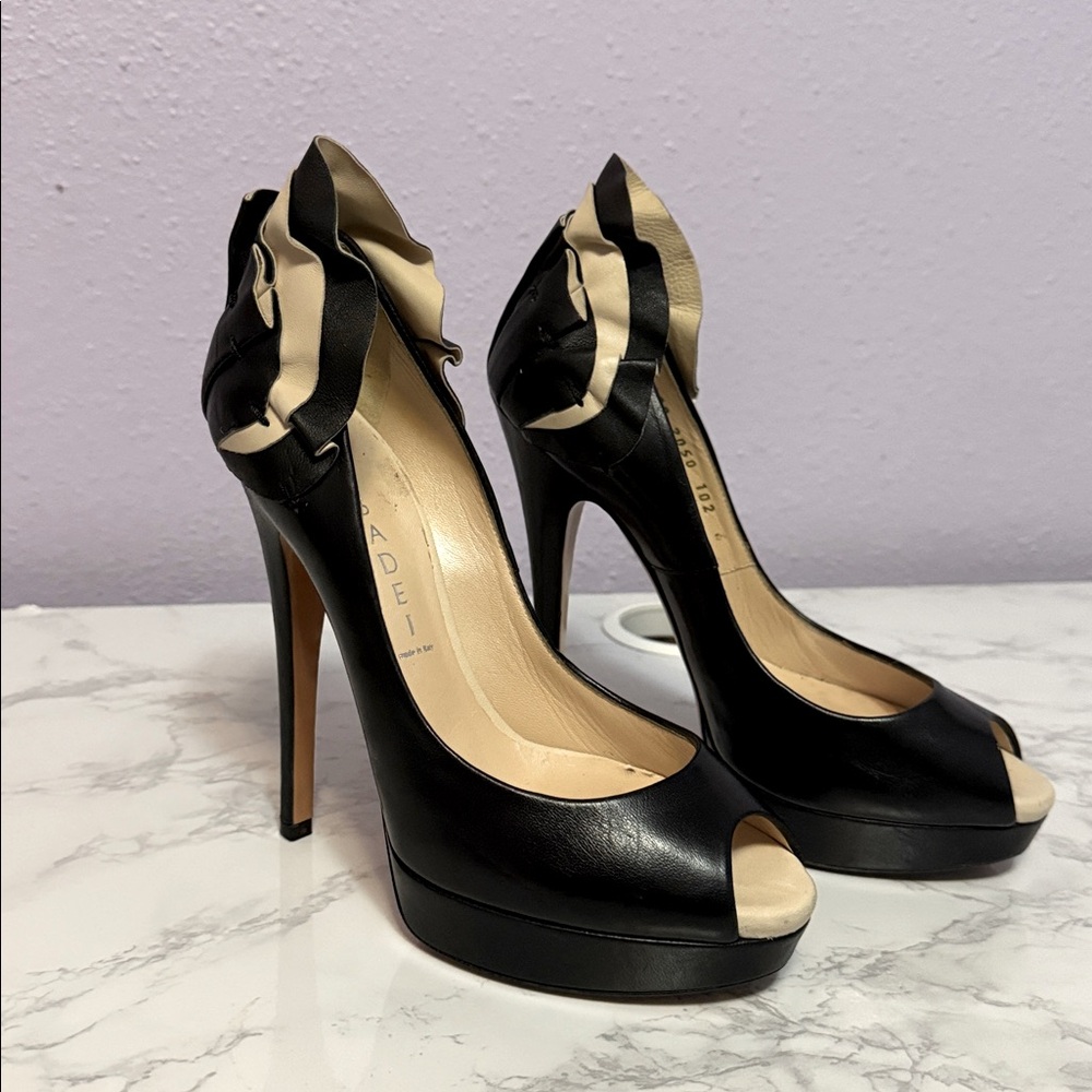 Casadei Ruffle Bone Black Ruffle Open Toe Heels Pumps 6 B